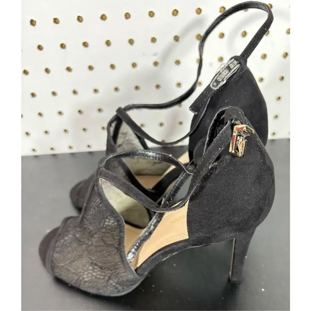 BCBG Black Mesh Floral Lace Stiletto Heels Ankle Strap Open Toe size 7